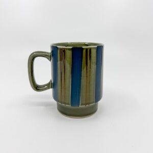 🫐SOLD🫐Vintage Japan Stoneware Olive Green w/ Blue & Bronze Stripes Coffee Mug